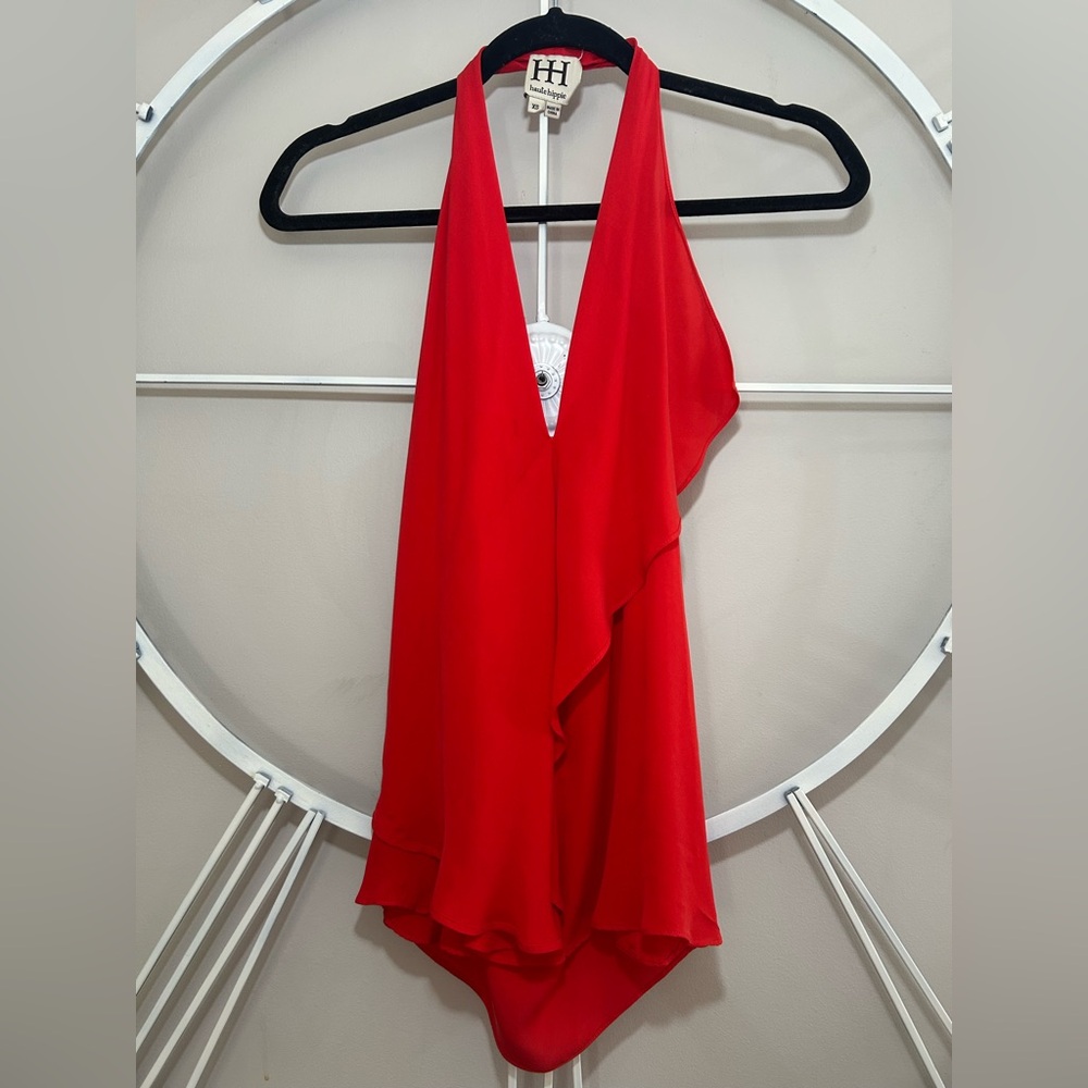 Haute Hippie 100% Silk Red V-Neck Ruffle Tank Top